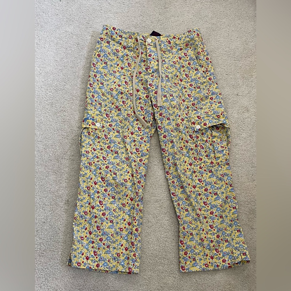 VTG Ralph Lauren Cargo Capri Pants Yellow Floral Stretch Sz 0 Cottage Core